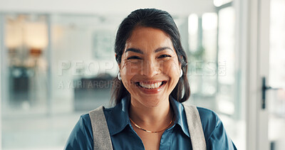 Buy stock photo Happy, professional and portrait of businesswoman in office with confidence for finance career growth. Smile, corporate and female financial manager with pride for job development in workplace.