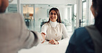 Business, woman and handshake with deal in office for company merger, acquisition and offer. Stakeholder meeting, investors or happy with shaking hands for partnership agreement and contract success