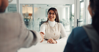 Buy stock photo Business, woman and handshake with deal in office for company merger, acquisition and offer. Stakeholder meeting, investors or happy with shaking hands for partnership agreement and contract success