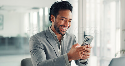 Buy stock photo Phone, happy and businessman in office with networking, communication or email on mobile app. Smile, technology and male person with cellphone for contact, texting or research online in workplace.