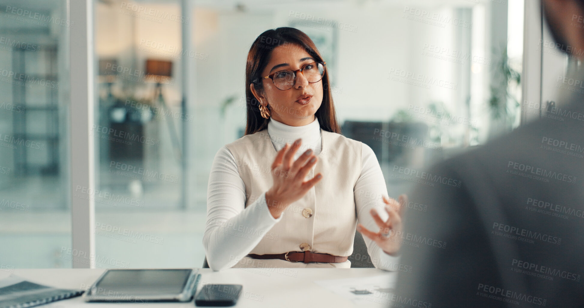 Buy stock photo Talking, HR manager and woman with candidate, office and explaining job requirements and recruitment. People, interviewer and discussion with applicant for vacancy, meeting and onboarding process