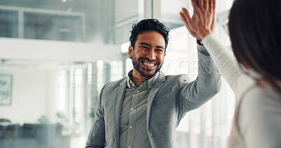 Buy stock photo Man, high five and happy with success at office, team and motivation for goals at media company. People, writer and editor with smile, achievement or celebration with congratulations at press agency