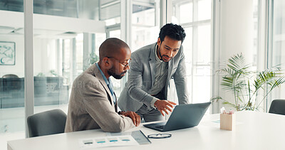 Buy stock photo Feedback, teamwork and laptop with business people in office for planning, broker advice and stakeholder pitch. Investor proposal, collaboration or research update with employees in agency for report