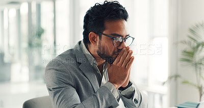 Buy stock photo Frustrated, businessman and thinking with stress, doubt or mistake for finance or bad investment. Serious, man or contemplating decision with corporate choice for financial loss, debt or bankruptcy