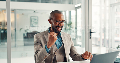 Buy stock photo Happy, black man and winning with laptop for good news, promotion or bonus in office. Excited, businessman or employee with fist pump, smile or computer for salary increase, prize or business success