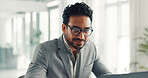 Happy, businessman and glasses for laptop, office or financial analysis on website, info and reading. Investment banker, person and planning for pitch with technology, review and checking market data