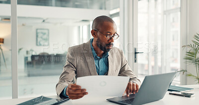 Buy stock photo Office, typing and businessman with laptop, paperwork and data analysis on web, online and research. Investment banker, black person and planning for pitch with technology, document and checking info