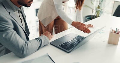 Buy stock photo Laptop, teamwork and hands with business people in office for planning, broker advice and stakeholder pitch. Investor proposal, collaboration or research update with employees in agency for report