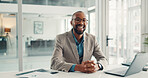 Happy, laptop and portrait of black man in office with confidence for finance career growth. Smile, computer and African male financial manager with pride for job development in workplace in Nigeria.