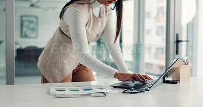 Buy stock photo Laptop, hands and research with business woman in office for liability report, planning and insurance claim. Regulations policy, email and advisor with person for risk assessment and underwriter