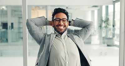 Buy stock photo Happy, businessman or stretching with completion for done tasks, finished or break in office. Excited, man or employee with smile, rest or relax for productive day, deadline or free time in workplace
