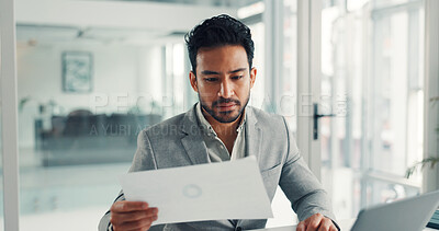 Buy stock photo Businessman, documents and accountant with laptop in office for corporate budget or finance. Man, employee or accounting with paperwork for company expenses, statistics or report in workplace