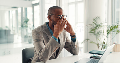 Buy stock photo Frustrated, black man or headache with glasses, stress or laptop for eye strain or deadline. Tired, businessman or employee with migraine or wrong lens on computer for poor sight or optometry failure
