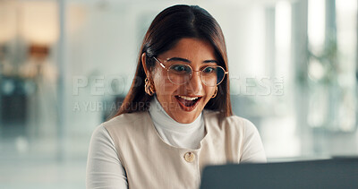 Buy stock photo Woman, excited and laptop for surprise at startup, good news and notification for bonus in office. Person, media consultant and happy for salary increase, award or wow for success at creative agency