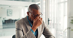 Frustrated, black man or headache with stress, eye strain or mistake for project deadline in office. Tired, businessman or employee with migraine, pressure or overworked for fatigue in workplace