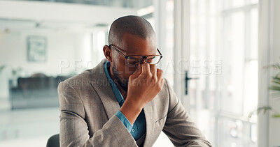 Buy stock photo Black man, glasses or headache with stress, eye strain or mistake for wrong lens in office. Tired, businessman or employee with migraine, poor sight prescription or pain for bad optometry or failure