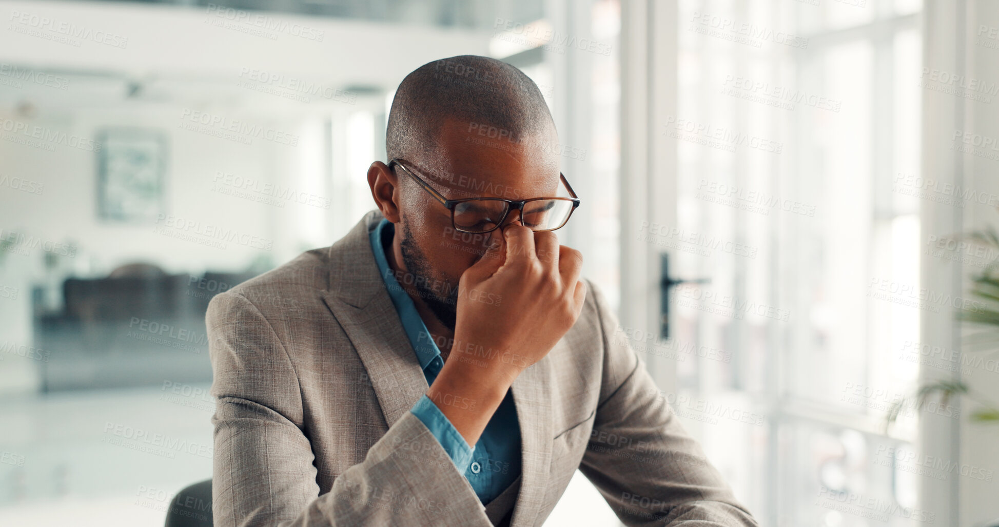 Buy stock photo Black man, glasses or headache with stress, eye strain or mistake for wrong lens in office. Tired, businessman or employee with migraine, poor sight prescription or pain for bad optometry or failure