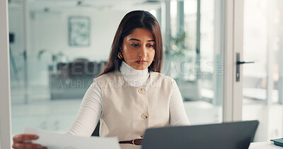Buy stock photo Reading, research and laptop with business woman in office for planning, broker review and stakeholder pitch. Investor proposal, bookkeeping or account update with employee in agency for report
