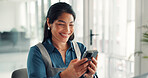 Cellphone, happy and businesswoman in office with networking, communication or email on mobile app. Smile, technology and female person with phone for contact, texting or research online in workplace