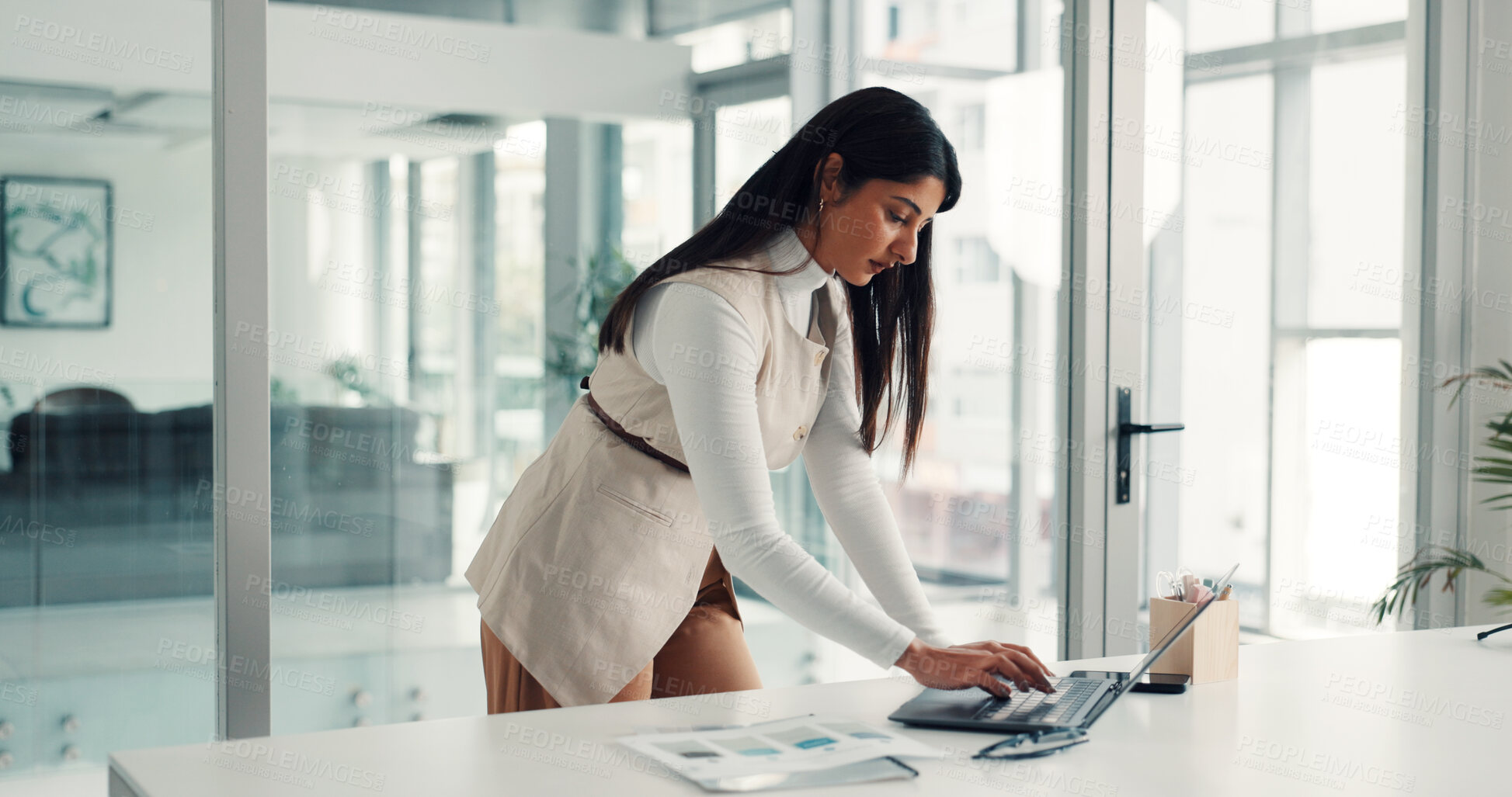 Buy stock photo Finance, typing and business woman on laptop for investment deal, budget report and research. Professional, corporate and person on computer for financial proposal, planning and review in office