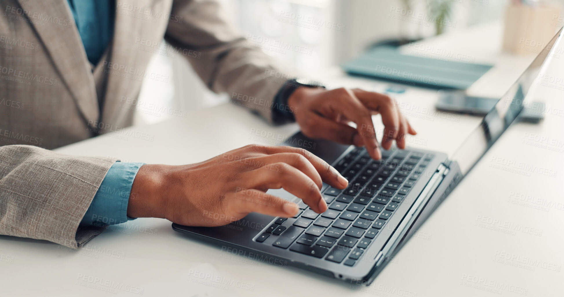 Buy stock photo Businessman, hands and typing with laptop for research, online proposal or email in office. Man, employee or keyboard with computer or technology for communication, network or connection in workplace