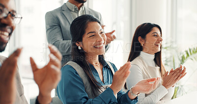 Buy stock photo Happy, business people and team with applause for presentation, thank you or well done in office. Group, employees or clapping with smile for conference meeting, speech or workshop in workplace
