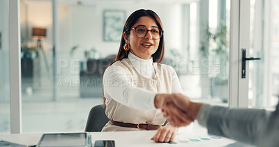 Buy stock photo Woman, handshake and smile for deal at startup with b2b collaboration, thanks and success at office meeting. Business people, shaking hands or happy for agreement, contract or project at media agency