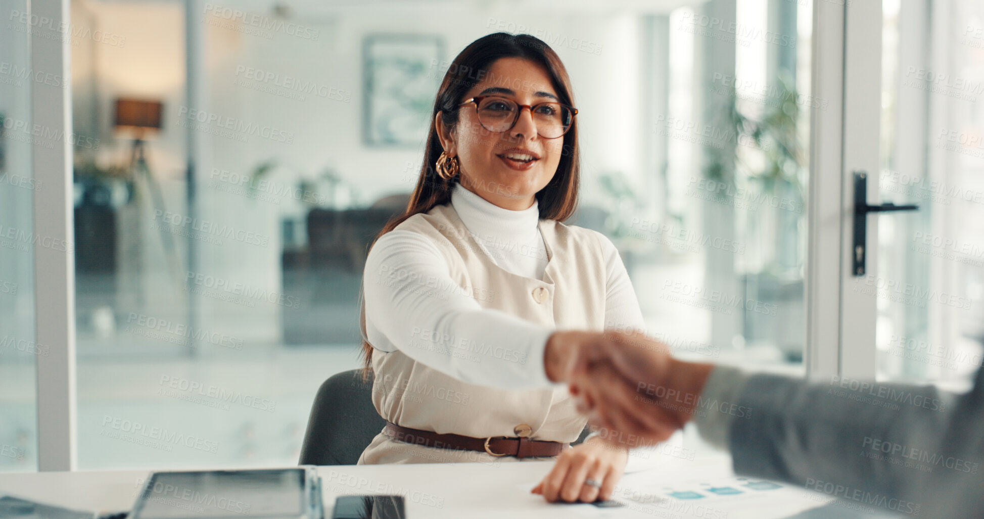 Buy stock photo Woman, handshake and smile for deal at startup with b2b collaboration, thanks and success at office meeting. Business people, shaking hands or happy for agreement, contract or project at media agency