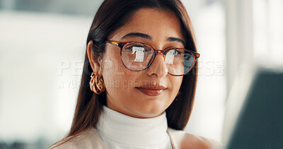 Buy stock photo Tablet, glasses and businesswoman in office with research for finance review with budget plan. Digital technology, corporate and financial advisor with email for investment proposal in workplace.
