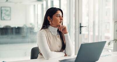 Buy stock photo Woman, thinking and laptop at office with review, decision and reflection with project at media company. Person, writer and computer for proposal, editing article and insight for creative agency