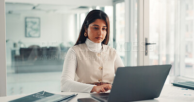 Buy stock photo Laptop, reading and research with business woman in office for liability report, planning and insurance claim. Regulations policy, email and advisor with person for risk assessment and underwriter