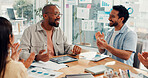 Man, team and celebration with applause at startup for goals, excited and success at digital agency. People, group and happy with clapping, achievement or motivation with paperwork at office meeting