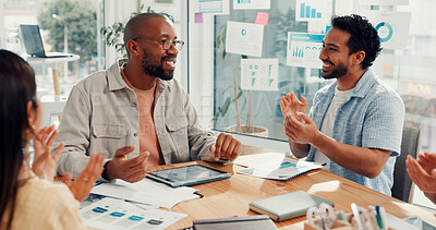 Buy stock photo Man, team and celebration with applause at startup for goals, excited and success at digital agency. People, group and happy with clapping, achievement or motivation with paperwork at office meeting