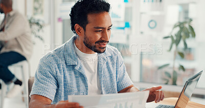 Buy stock photo Business, laptop and man with documents, internet and company website with sales growth. Person, employee and consultant in office, pc and research for marketing design and report for subscription