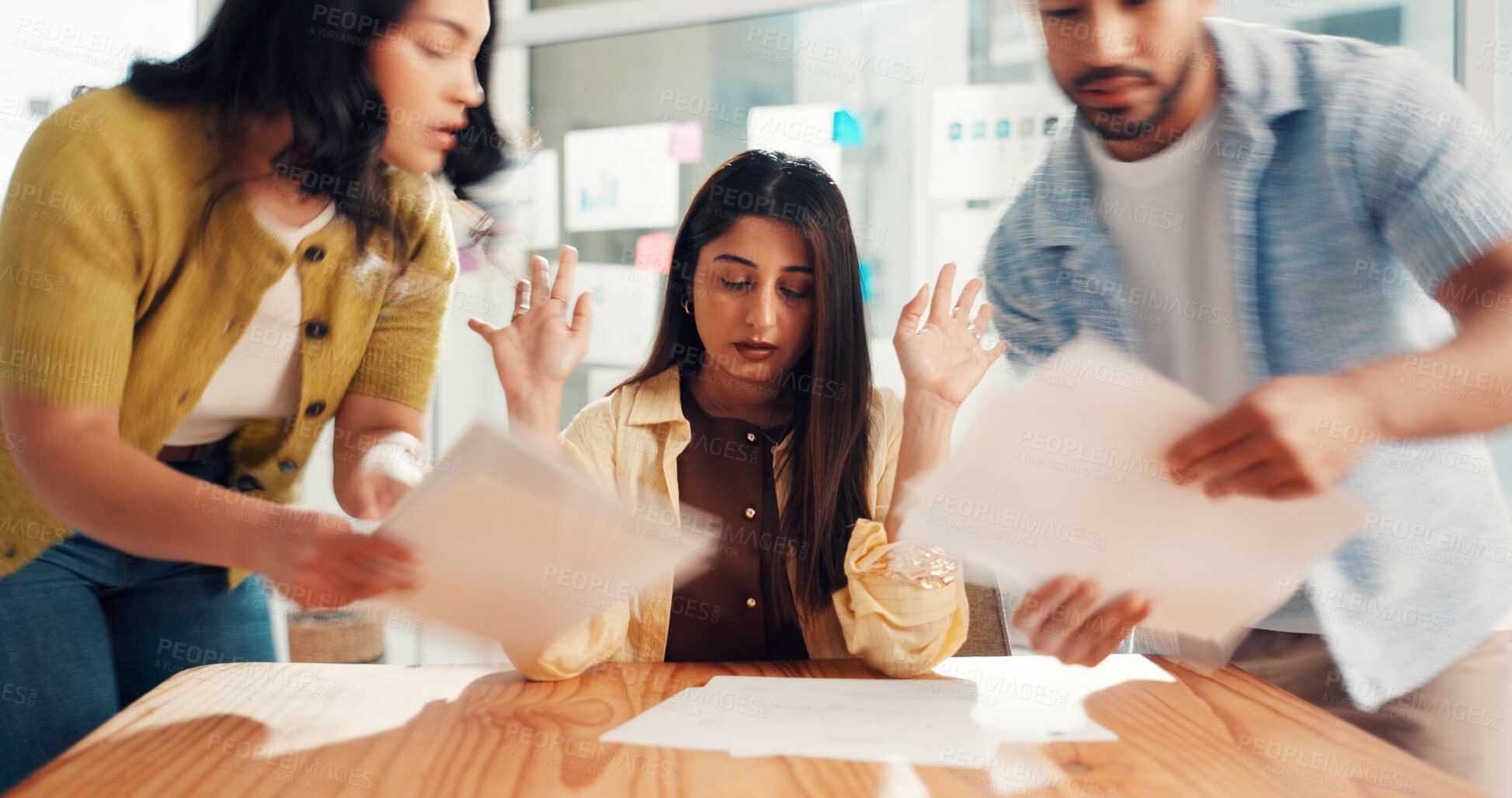 Buy stock photo Frustrated woman, documents and overwhelmed with team, stress or paperwork for multitasking. Female person, anxiety or demanding employees with workload, tasks or project for deadline in workplace