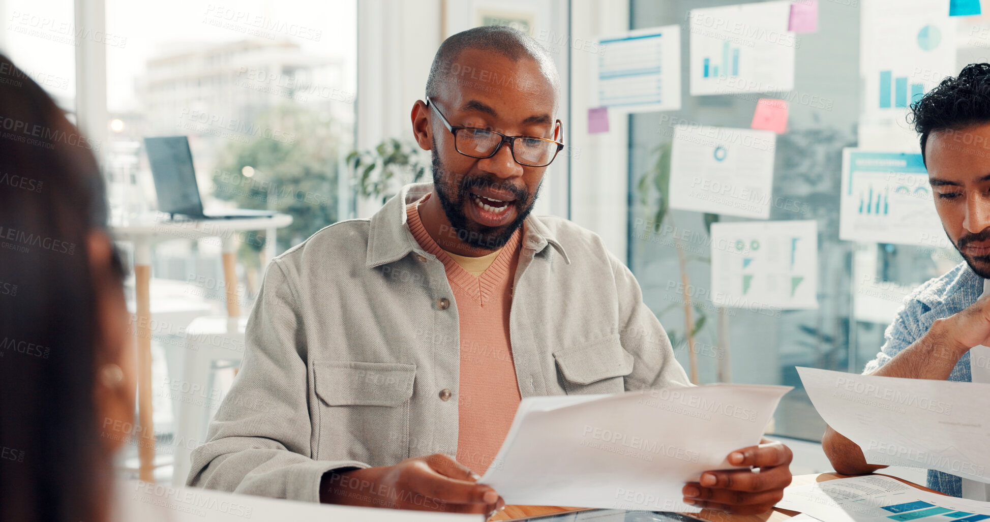 Buy stock photo Business, people or meeting with paperwork in office for campaign oversight, KPI stats or feedback. Marketing manager, team or graphs to track user behavior, project management or competitor analysis