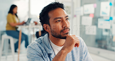 Buy stock photo Man, thinking and insight at startup for review, project management and decision at digital agency. Person, web developer and reflection in office, perspective and choice with career at company