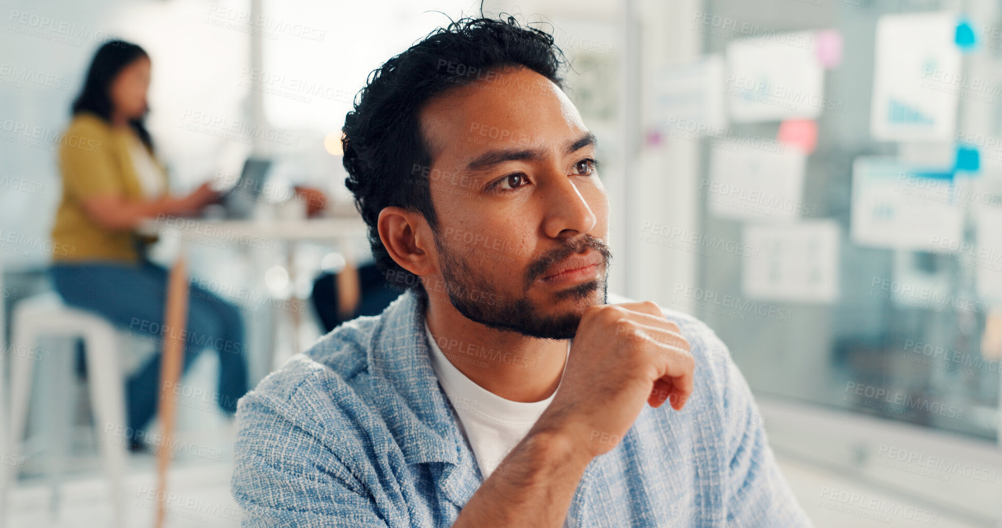 Buy stock photo Man, thinking and insight at startup for review, project management and decision at digital agency. Person, web developer and reflection in office, perspective and choice with career at company