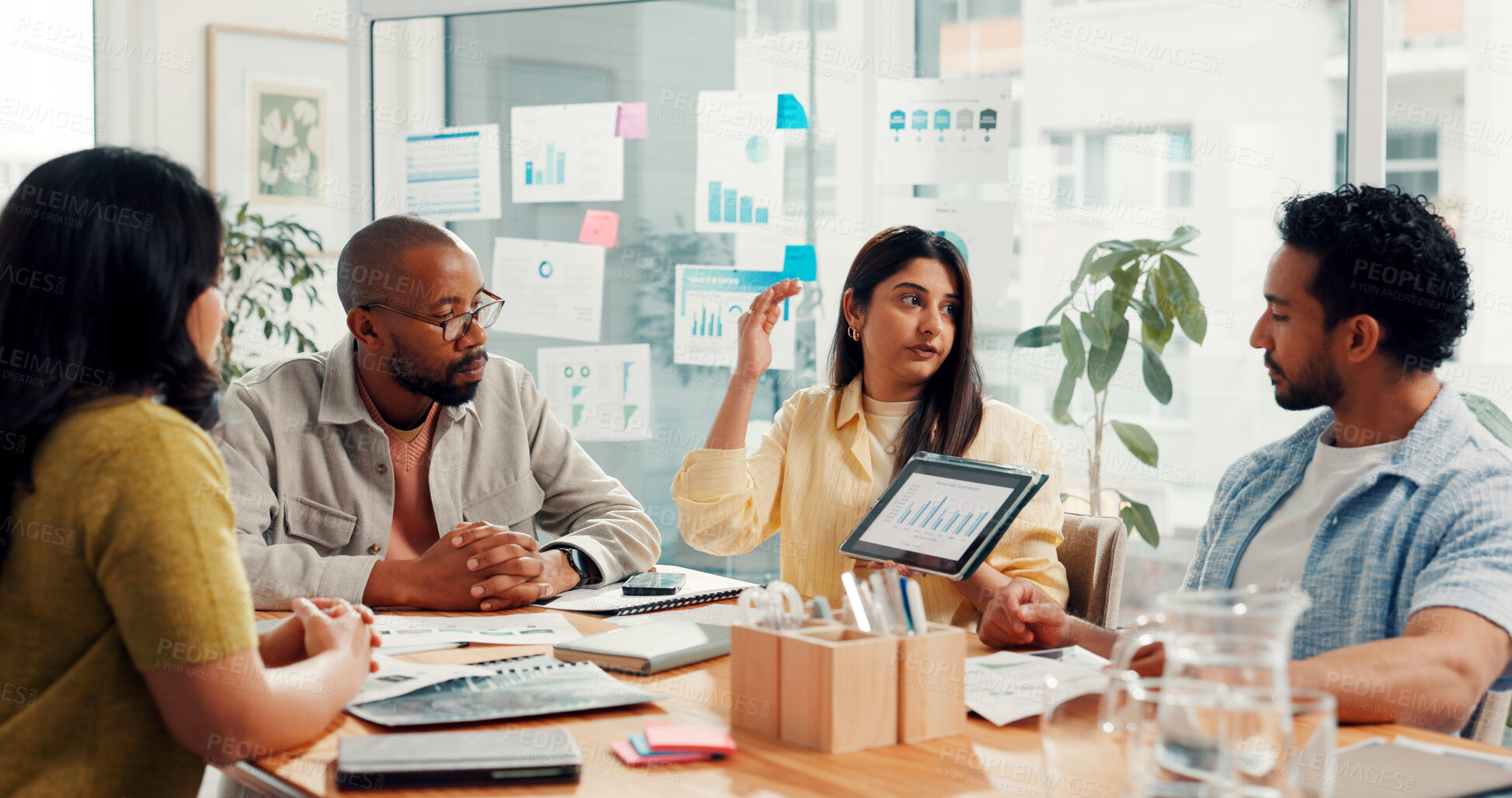 Buy stock photo Tablet, meeting and business people with documents, kpi research and data analysis in office. Team, startup agency and workers on digital tech with graph, statistics and seo report for website growth
