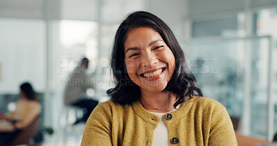 Buy stock photo Happy, creative and portrait of business woman with confidence, pride and about us for editor career. Media agency, office and person with smile for copywriting, news reporter job and publishing