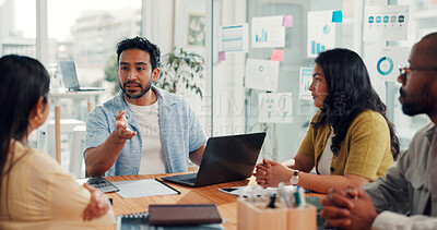 Buy stock photo Business, team or discussion with laptop in meeting for campaign planning, KPI review or feedback. Digital marketing, people or online report for website traffic or industry trends at creative agency