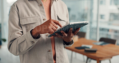 Buy stock photo Hands, tablet and scroll with project at startup, review and check notification for lead at media company. Person, writer and journalist with tech, click application and feedback at creative agency