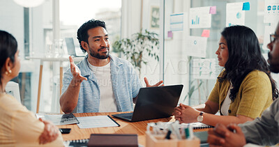 Buy stock photo Businessman, meeting and team with laptop for planning, brainstorming or proposal in office. Man, employees or group discussion with paperwork for business strategy, ideas or project in workplace