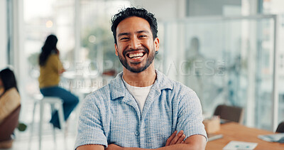Buy stock photo Office, creative and portrait of business man with confidence, pride and laugh for editor career. Media agency, happy and person with crossed arms for copywriting, news reporter job and publishing