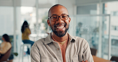 Buy stock photo Office, creative and portrait of happy businessman with confidence, pride and laugh for editor career. Media agency, about us and person with smile for copywriting, news reporter job and publishing