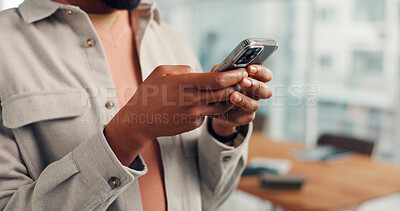 Buy stock photo Businessman, hands or typing with phone for social media, texting or online chatting in office. Closeup, man or employee on mobile smartphone for app, communication or network connection in workplace