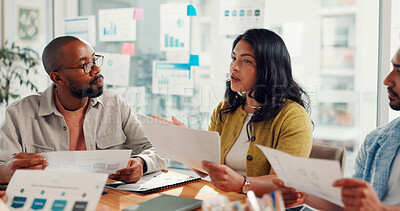 Buy stock photo Business, team or discussion with paperwork in meeting for campaign ideas, KPI review or feedback. Digital marketing, people or document in office for website traffic, industry trends or sales growth
