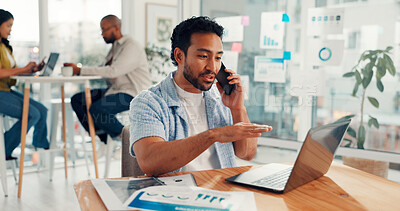 Buy stock photo Media agency, phone call and man with laptop, discussion and subscription for magazine. People, email or sales consultant in office, pc or cellphone with online interview, communication and app