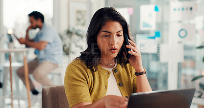 Buy stock photo Business, laptop and woman with phone call in office for campaign pitch, contract info or planning. Coworking, marketing manager and contact client with tech for market research, SEO proposal or chat