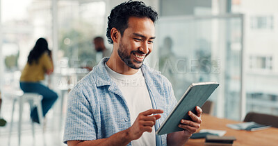 Buy stock photo Business, tablet and man with smile, internet and sales agency with communication. Happy person, employee and consultant in office, tech and research for marketing design, connection and subscription